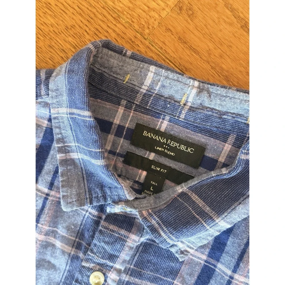 Banana Republic Linen Blend Shirt Men Large Tall Slim Fit Blue Plaid Long Sleeve